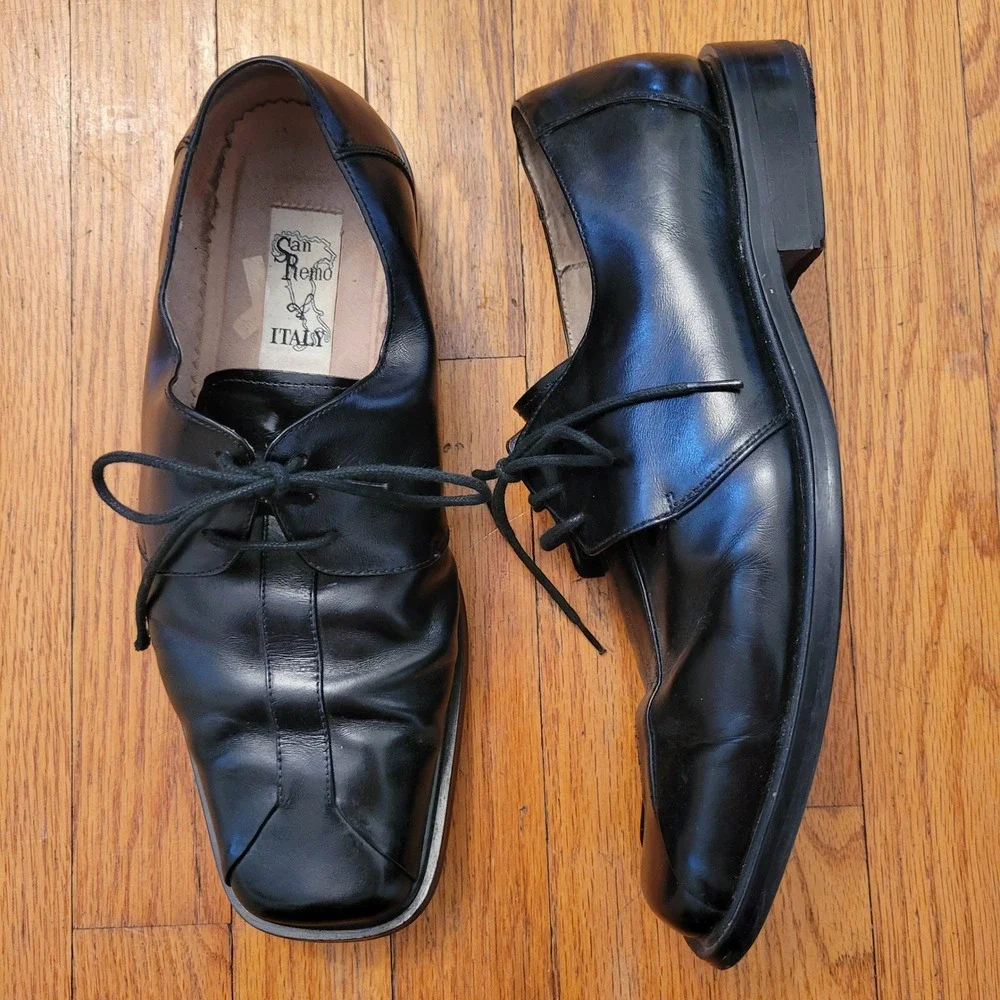 San Remo Italy Black Leather Square Toe Lace Up Dress Shoes‎ 9 Twee Academia
